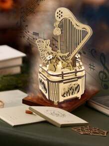 1pc Butterfly Qin Rhyme Music Box - Wooden Decorative Autoplay Musical Box With Harp Design - Multiple SongsVintage-Inspired Gift For Music Lovers, Home Decor, And Collectors,DIY Assembled Handmade,Assembly Building Blocks Model 3D Three-Dimensional Puzzle Room Decoration Stuff,Halloween,Christmas,Birthday Gifts
