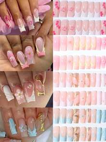 96片（4种混合设计）3D凝胶美甲贴纸，可打造花卉美甲，饰有小金属珠，方形法式贴片，矩形完美贴合，亚克力假指甲套装包含：1瓶果冻凝胶和1把指甲锉，易于佩戴，3D花卉凝胶美甲，法式贴片，适合女性日常工作、派对等场合，美甲用品。 - 彩色 - 查看 8