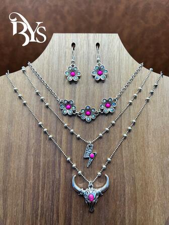 1 Set di gioielli stile retrò boho, composto da collana a tre strati con pendenti in lega di zinco a forma di fiore/fulmine/testa di mucca, orecchini a pendente a forma di fiore, adatti per donne/ragazze per abbinarli a vestiti casual, accessori per feste, regalo di gioielli per famiglia/amici/sè stessi