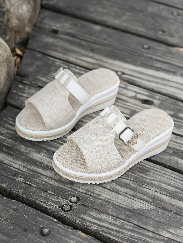 Girls' Casual Solid Color Open Toe Sandals, Thick Sole Rope Platform Wedges, Fashionable Slippers Suitable For Summer Indoor And Outdoor Wear