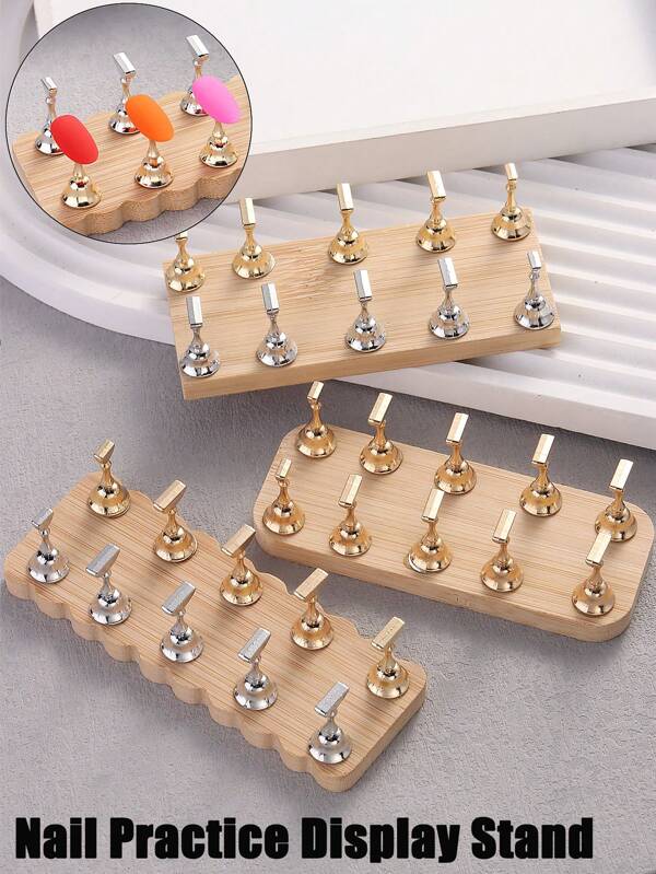 Wooden Magnetic Nail Holder False Nail Tips Practice Stand Holder Gold Silver Stands Showing Shelf Manicure Practice Tools For Salon DIY Manicure