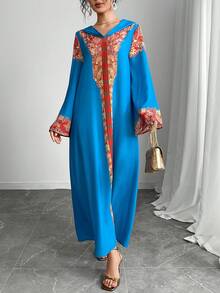优雅宽松连帽长袖长袍，轻盈透气休闲长袍，度假风格长袍，传统阿拉伯服装，节日长袍 - 寶藍色 - 查看 1