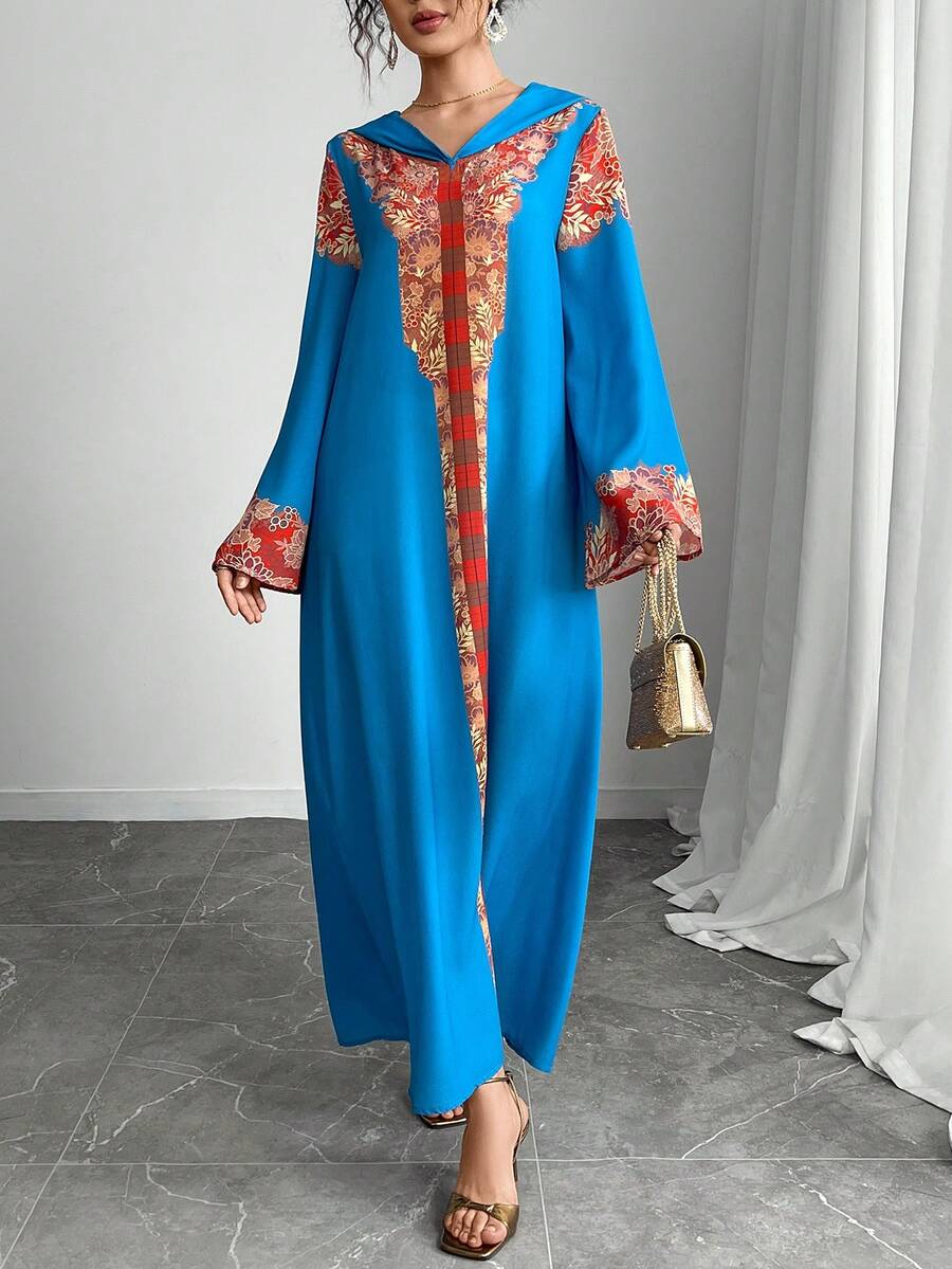 优雅宽松连帽长袖长袍，轻盈透气休闲长袍，度假风格长袍，传统阿拉伯服装，节日长袍 - 寶藍色 - 查看 1