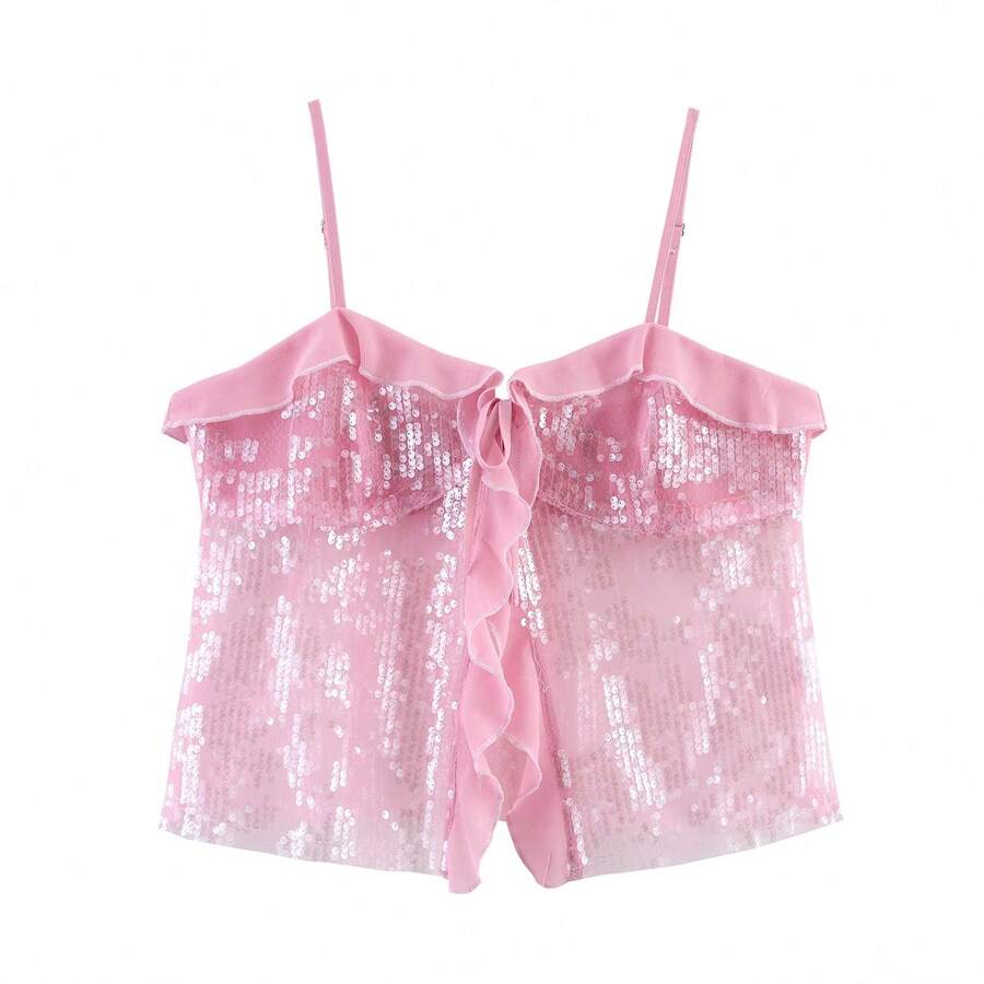 ZEVITY Women's Sequin Patchwork Camisole Top 2501 - Coral Pink - View 1