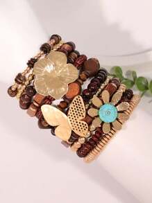 12pcs Dark Brown Wood Beads & Gold Tone Butterfly Floral Accent Charm Vintage Personalized Layering Bracelet, Suitable For Women Beach Holiday Wear