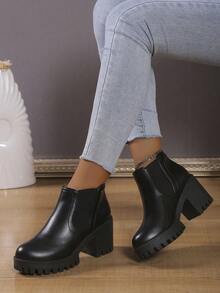 Fall/Winter Fashionable Women's Slip-On Chelsea Boots Perfect With Pants, Match With Cardigan, With Chunky Heel,Boots For Women,Platform Heels For Women - Black - View 2