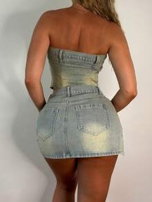 Sexy Side Zipper Slit Denim Mini Skirt - Blue Gray - View 4