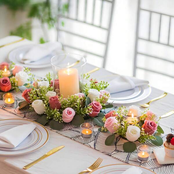 1pc Flower Wedding Table Centerpiece - Artificial Flower Rose Candle Wreath, Spring/Summer Wreath For Front Door Party Ceremony - Fake Flowers Leaves Candle Holder, Silk Rose Floral Wreath Candle Stand, Plastic Small Flowers Farmhouse Wreath For Wedding Arrangement, Bridal Bouquet, Table Center Decor, Garden, Yard, Wedding, Birthday, Shower Decoration, Aesthetic Room Decor, Classroom, Office, Balcony, Shopping Mall, Valentine's Day, Gift