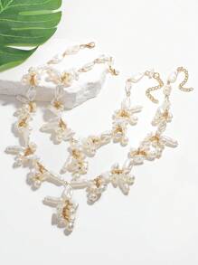 2 piezas Collar de cadena de metal dorado con cuentas de perlas y flecos en capas, adecuado para la playa, uso casual y ocasiones formales, estilo bohemio