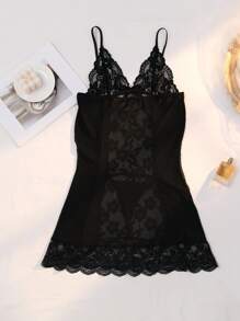 Set de 2 piezas de ropa interior sexy de encaje y malla para mujer, con diseño de patchwork de encaje