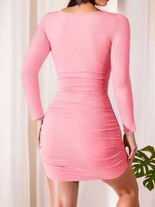 New Autumn Ice Silk Long Sleeve Dress, Square Neck Gathered Sexy Blue Bodycon Mini Dress - Pink - View 3