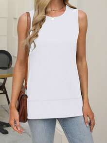 Women Solid Tunic Tank Tops Loose Round Neck Sleeveless Split Hem Shirts Casual Summer Streetwear - White - View 1