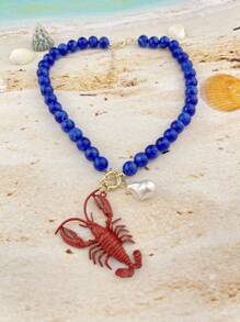 Retro Versatile Crustacean Beaded Handmade Necklace, Vintage Alloy Boho Seafood Jewelry, Fashion Unique Resort Style