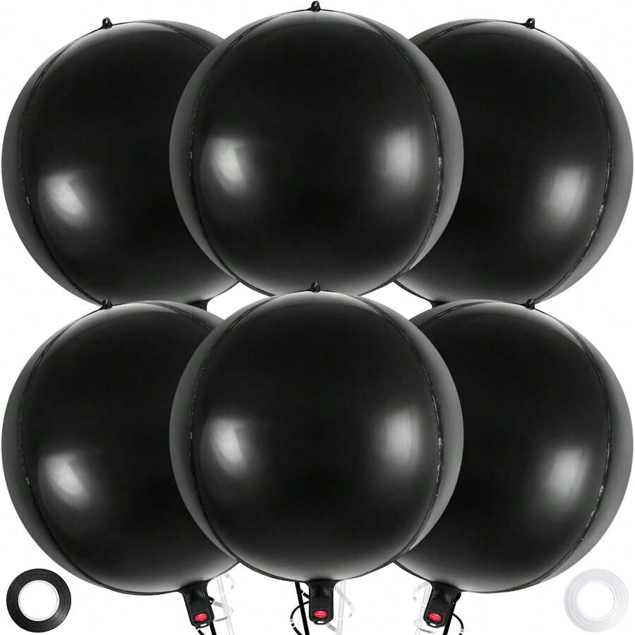 6个22英寸4D金属黑色铝箔气球生日周年纪念毕业万圣节派对装饰气球 - 黑色 - 查看 1