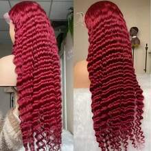 Burgundy Brazilian Deep Wave Lace Front Wig HD Transparent 13x4 Lace Frontal Human Hair Wigs For Women Pre Plucked  Human Hair  Deep Curly Wigs Wine Red 99J Color - S99J - 查看 4