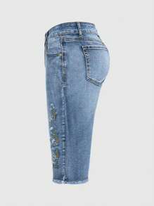 Embroidered Mid-Length Shorts, Floral & Leaf Print, Denim Fabric, Pocket Design, Raw Hem, Button Closure, Spring/Summer