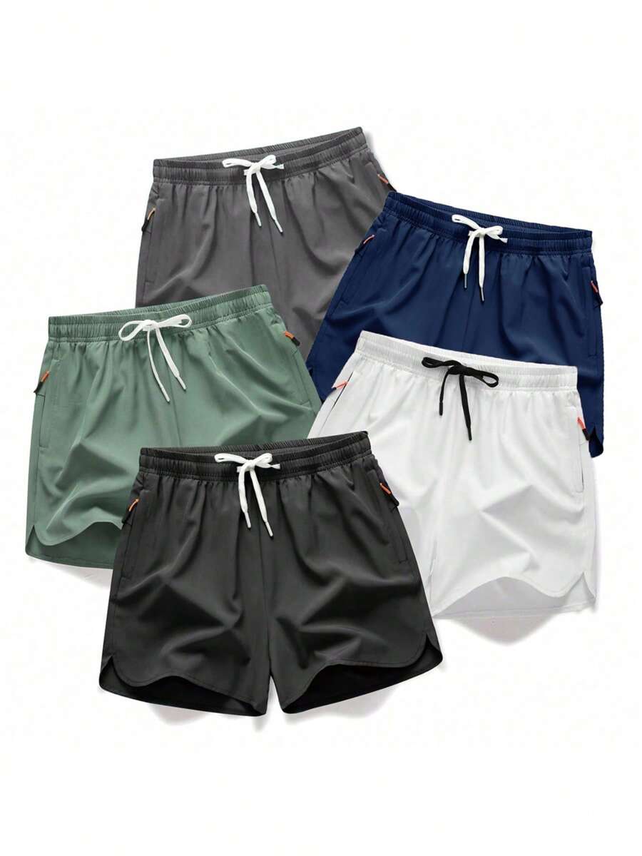5pcs/Pack Men's Summer Solid Color Drawstring Waist Casual Beach Shorts