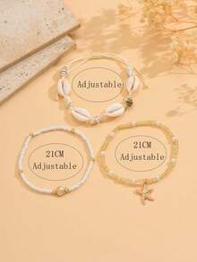 3 件套夏季海滩度假贝壳和海星编织绳脚链，波西米亚风格串珠珍珠合金吊坠脚饰，适合休闲装、海滩、约会 - 彩色 - 查看 5