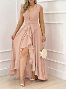 ChicMe Vestido largo formal con cuello en V profundo, abertura alta, volantes en la Bottom y sin mangas - Vestido de noche elegante y sexy que se ajusta a la cintura para eventos y fiestas - Rosa - Ver 1