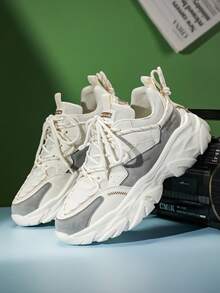 Men's Letter Print Front Lace-Up Wavy Double Shoelace Design Contrast Color Casual Chunky Sneakers - Beige - View 4