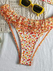 Women's Summer Beach Ditsy Floral Print Panelled Ruffled Underwired Bikini Set - Multicolor - View 4