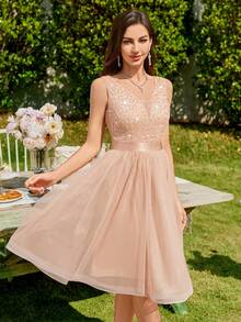 MIUSOL Deep V-Neck Sequin Lace Contrast Color Mesh Ruffle Hem Cocktail Dress, Summer Women's Apparel, Shiny Formal Dress, Suitable For Birthday Party, Graduation Ceremony, Gala Dinner And Other Occasions - Champagne - View 7