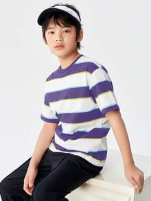 Balabala Children's Base Layer T-Shirt, Kids' Short-Sleeve Cotton Top, 2024 New Collection, Striped Summer Wear - Purple - View 3