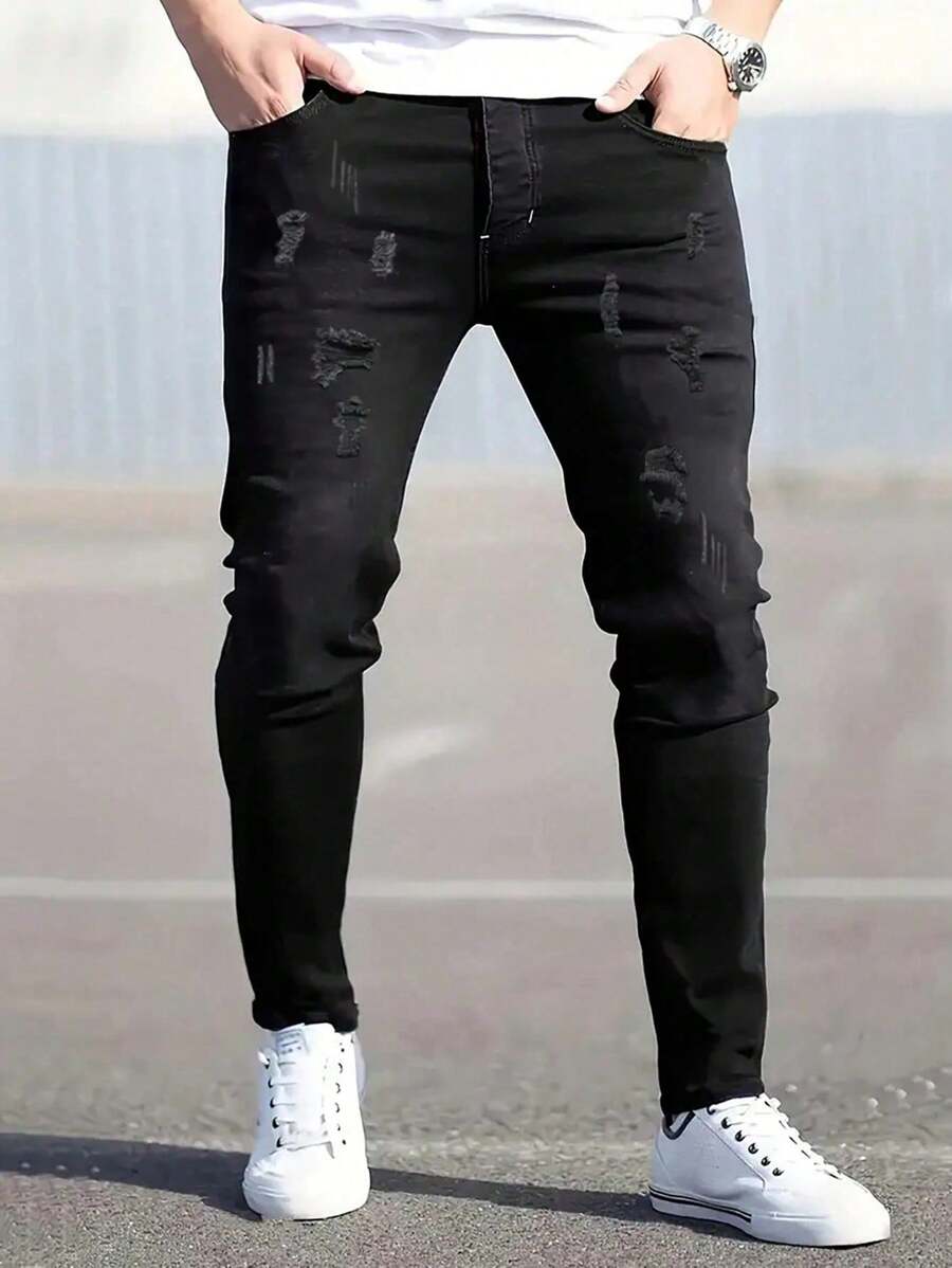 Teen Boy Solid Color Ripped Pocket Fashionable Stretchy Skinny Jeans