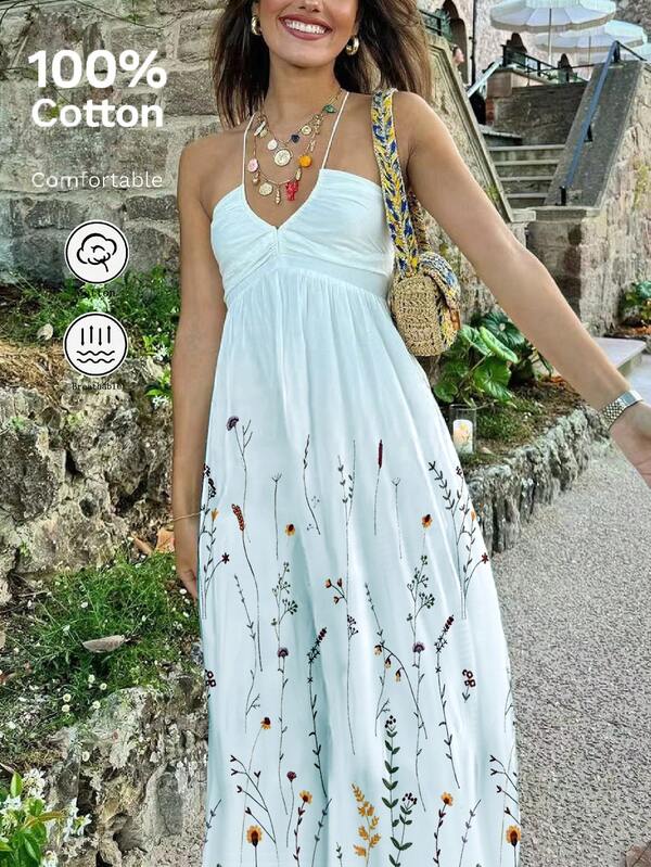 Damen sexy rückenfreies besticktes weißes Boho Urlaubskleid Sommeroutfit