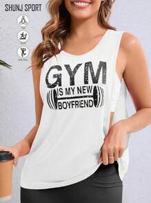 Neue Saison Damen Fitness T-Shirt, modisches Buchstaben-Muster Muster Sport Tank Top, Gym Training ärmelloses Trägershirt, rosa Gym Workout Top