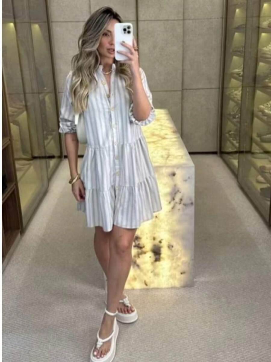 Midi Dress With Flared Chamise Shirt Beach Cover-Up Linen Long Sleeve Ruffle Three Marias Striped Button 09 - Blue - View 1