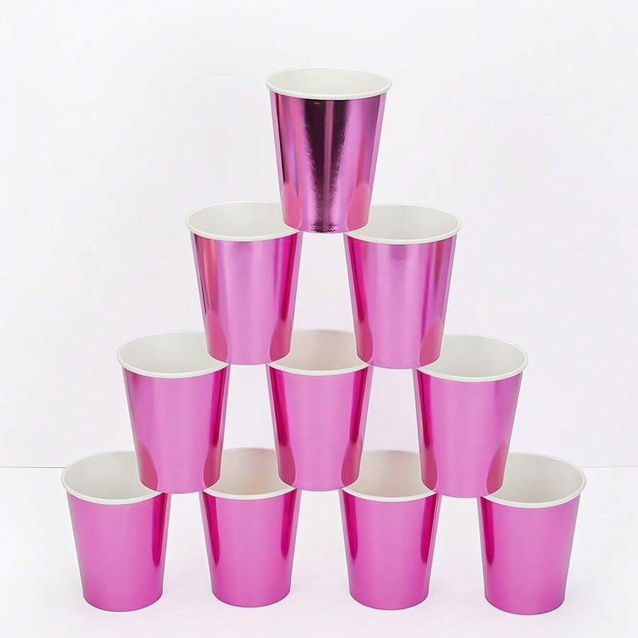 10/20/50个彩虹粉色派对杯热粉色全息纸质饮水杯冷热饮料水果汁适用于主题派对单身派对生日迪斯科婚礼派对用品茶咖啡 - 玫紅色 - 查看 1