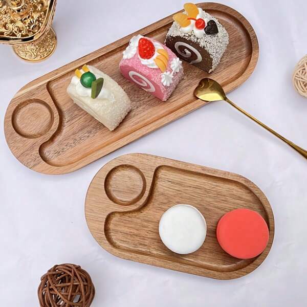 2 Sizes Acacia Wood Tray, Oval Shaped Serving Platter For Bread, Dessert, Fruit, Cheese With Single Hole Design