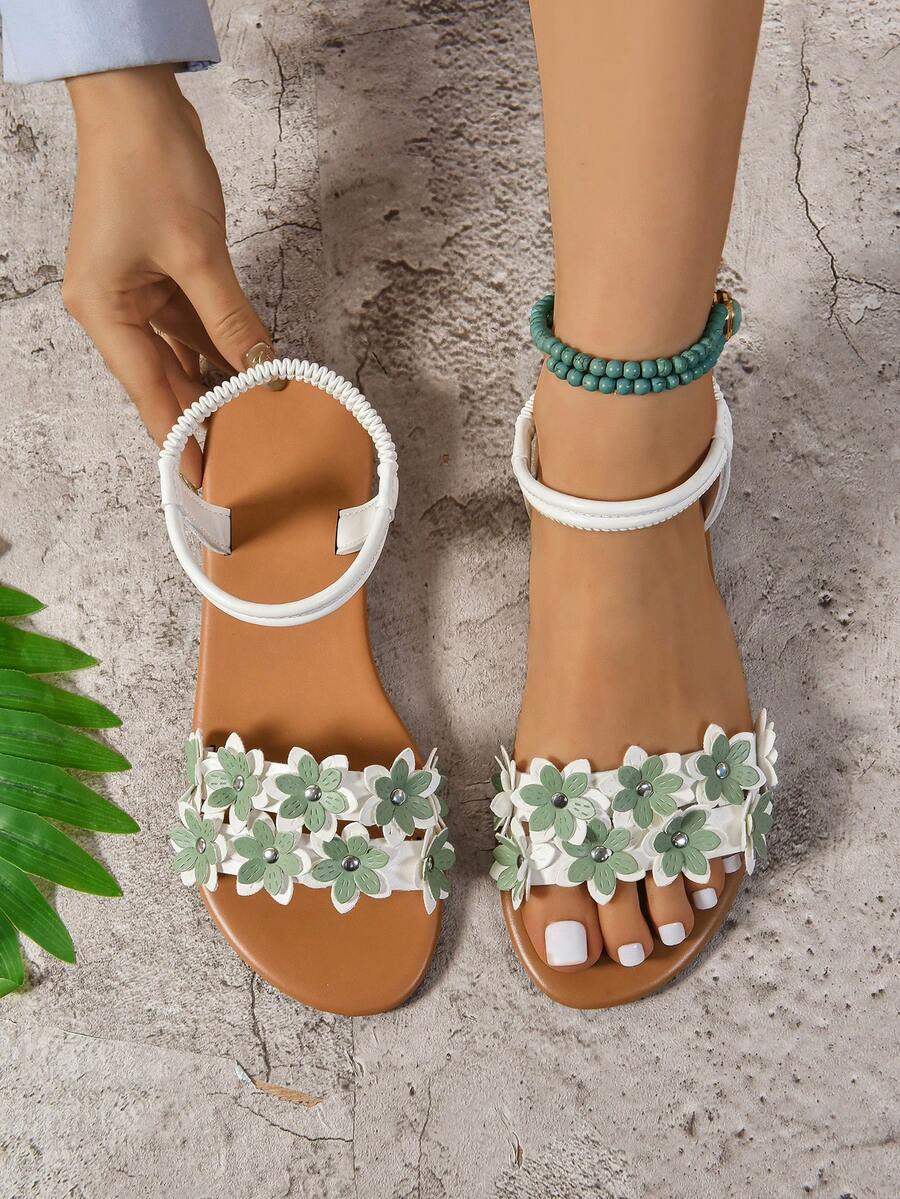 Women's Fashion Embroidery Comfortable Elastic Strap Flat Beach Sandals, Plus Size,Summer Shoes