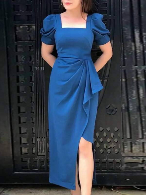 Women's Elegant Solid Color Puff Sleeve Wrap Party Dress