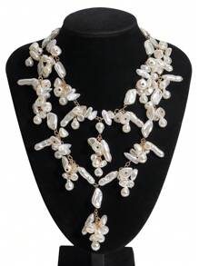 2 piezas Collar de cadena de metal dorado con cuentas de perlas y flecos en capas, adecuado para la playa, uso casual y ocasiones formales, estilo bohemio