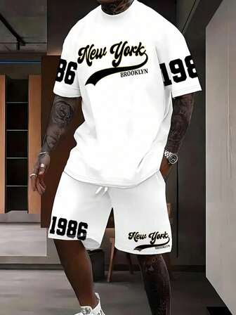 夏季男士短袖印花圆领 T 恤 + 运动裤 2 件套，加大码，时尚