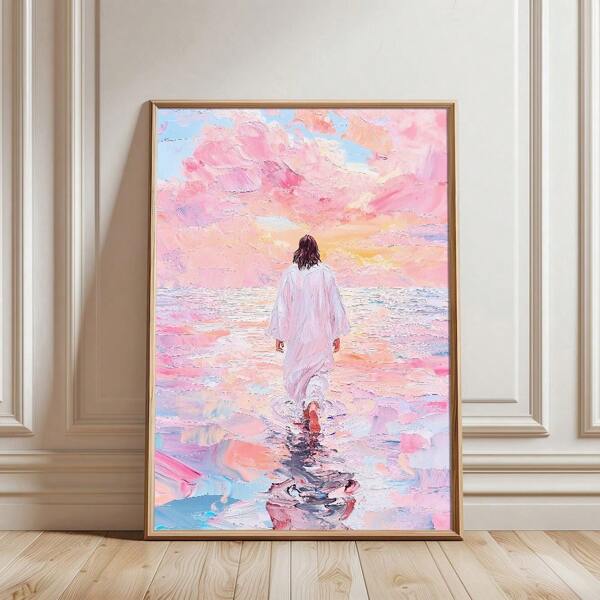 1pc Framed/Unframed Jesus Walking On Water Wall Art Poster Canvas Print Christian Minimalist Painting For Dorm,Apartment,Living Room,Modern Home Decoration