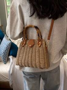 New Fashion Bamboo Knitted Handbag, Cross-Body Woven Bag, Vacation Beach Bag, Versatile Women Handbag