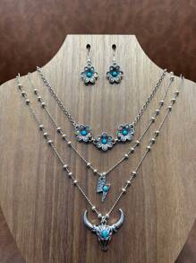 1 Set Fashion Retro Bohemian Style Zinc Alloy Flower/Lightning/Cow Head 3-Layer Pendant Necklace That Can Be Matched Freely, Flower Earrings Pendant, Suitable For Women/Girls To Match Daily Clothes, Party Accessories, Jewelry Gift For Family/Friends/Yourself