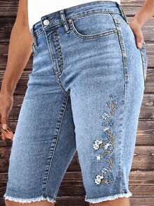 Embroidered Mid-Length Shorts, Floral & Leaf Print, Denim Fabric, Pocket Design, Raw Hem, Button Closure, Spring/Summer