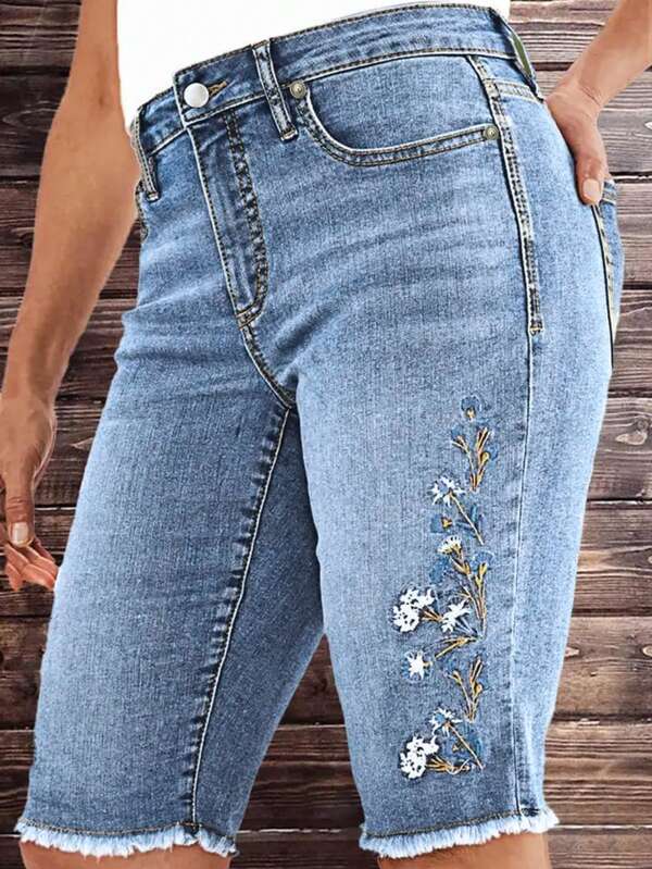 Embroidered Mid-Length Shorts, Floral & Leaf Print, Denim Fabric, Pocket Design, Raw Hem, Button Closure, Spring/Summer