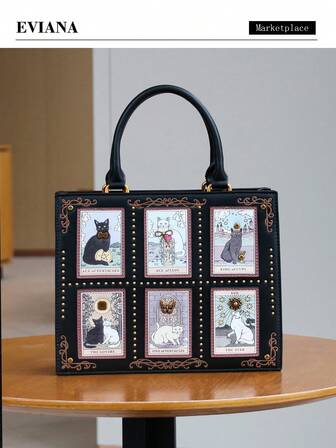 2025高端时尚夏季新款女士手提包，小众设计塔罗牌钻石托特包，大容量Y2K可爱猫咪包，独特手工刺绣串珠公文包，复古单肩托特包