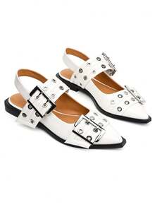 Pointed Toe Slingback Flat Ballet Pumps For Women Fashion Wide Buckle Chunky Heeled Casual Party Comfortable Pumps Woman - 白色 - 查看 1