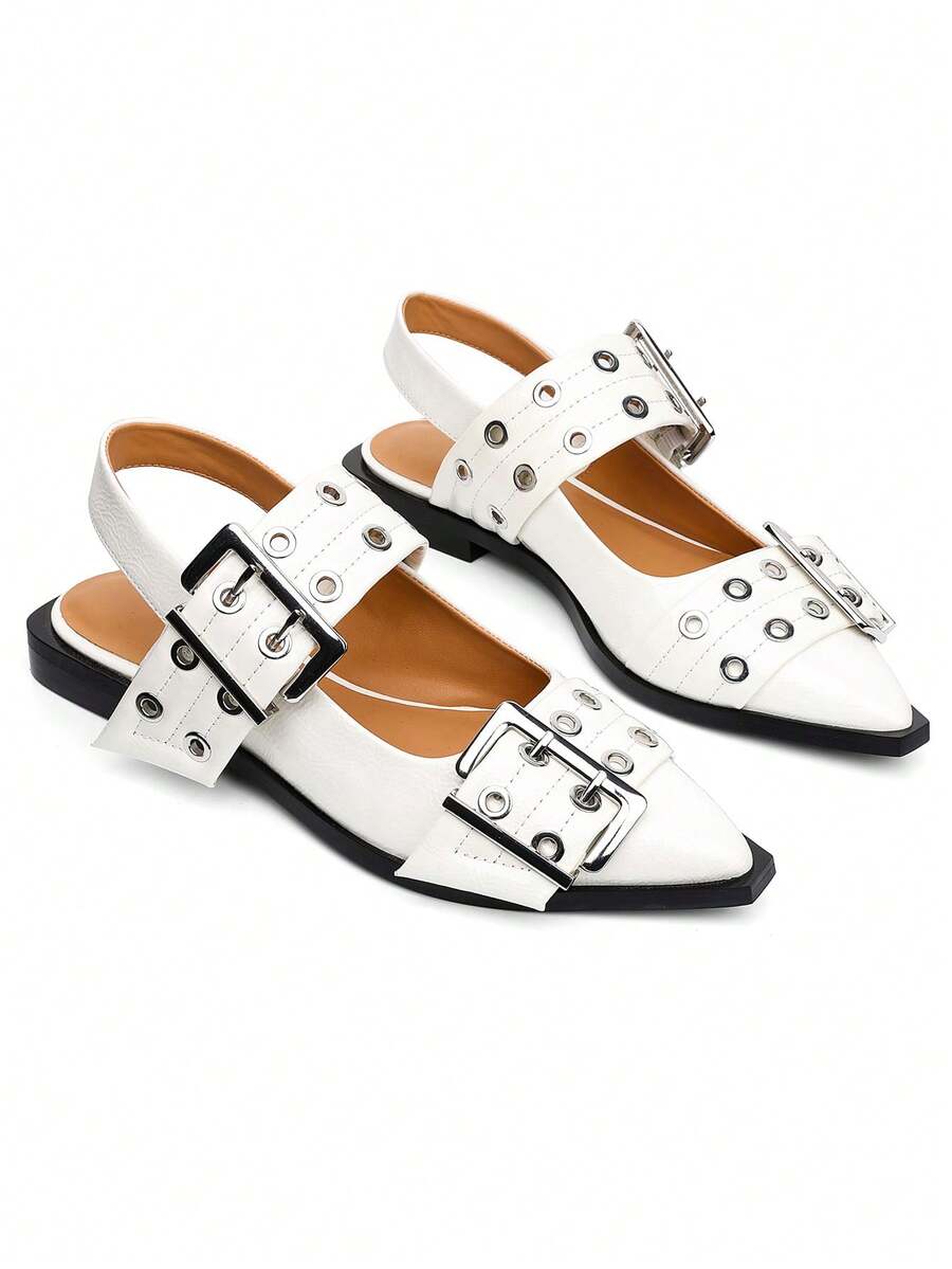 Pointed Toe Slingback Flat Ballet Pumps For Women Fashion Wide Buckle Chunky Heeled Casual Party Comfortable Pumps Woman - 白色 - 查看 1