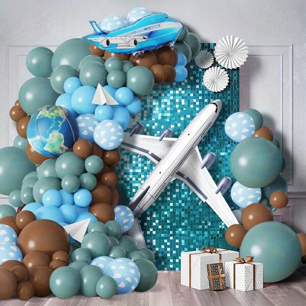 132pcs Travel Theme Balloon Garland Arch Set, Including Gray Blue, Blue, Coffee, Cloud Latex Balloons And Airplane, Earth Foil Balloons, Perfect For Birthday Party Decorations, Decorative Background, Graduation Ceremony, Retirement Party, Honeymoon Travel, Airplane Theme Party Supplies