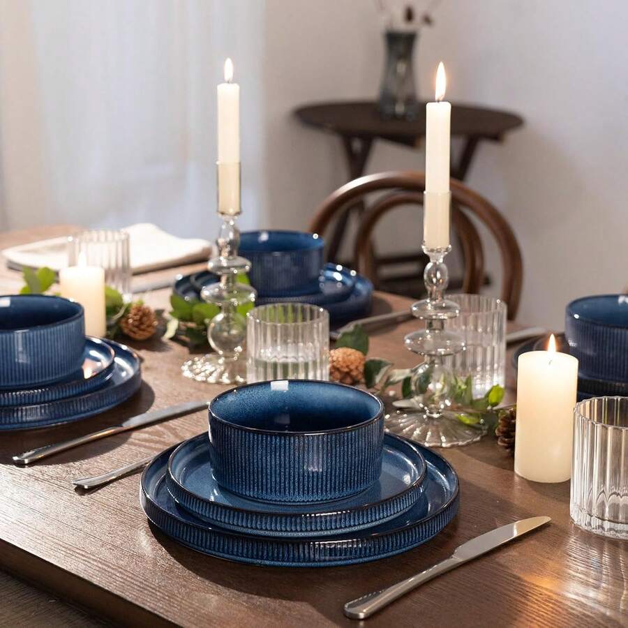 Richmount 12 Piece Stoneware Dinnerware Sets, Plates And Bowls Set For 4 - Tinh vân xanh - Xem 1