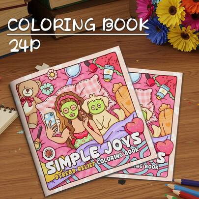 1本简约快乐主题成人涂色书，24页，单面印刷。图案设计精美，线条简洁，是送给家人、朋友、生日、复活节、母亲节和其他派对的绝佳礼物，母亲节，妈妈的礼物