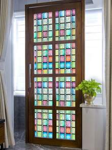 1 Roll Colorful Holographic Plaid Privacy Window Film, Retro Rainbow Static Cling Vinyl Glass Film, Non-Adhesive Removable UV-Blocking Sticker, Suitable For Glass Decoration, Size: 17.7x118inch - Color - View 17