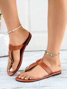 Women Summer Flip Flops, Beach Casual Open Toe Sandals For Daily & Holiday, Lightweight & Versatile Flat Sandals - Brown - View 7